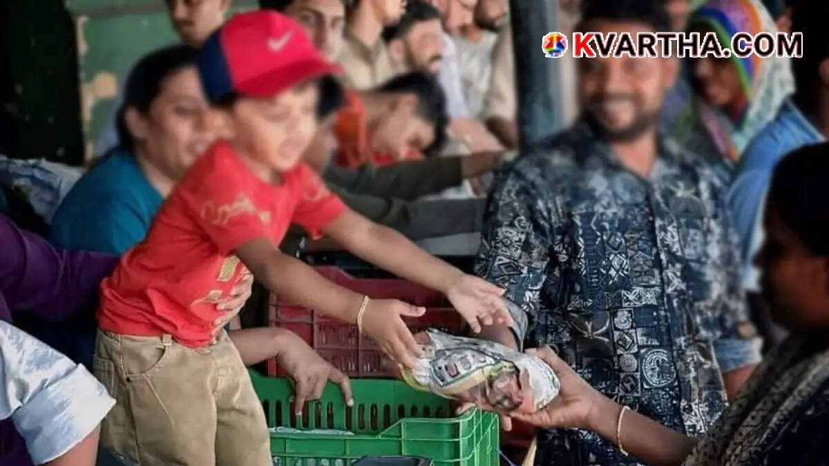 Conceptual image showing volunteers distributing food packets (Pothichor) at a hospital