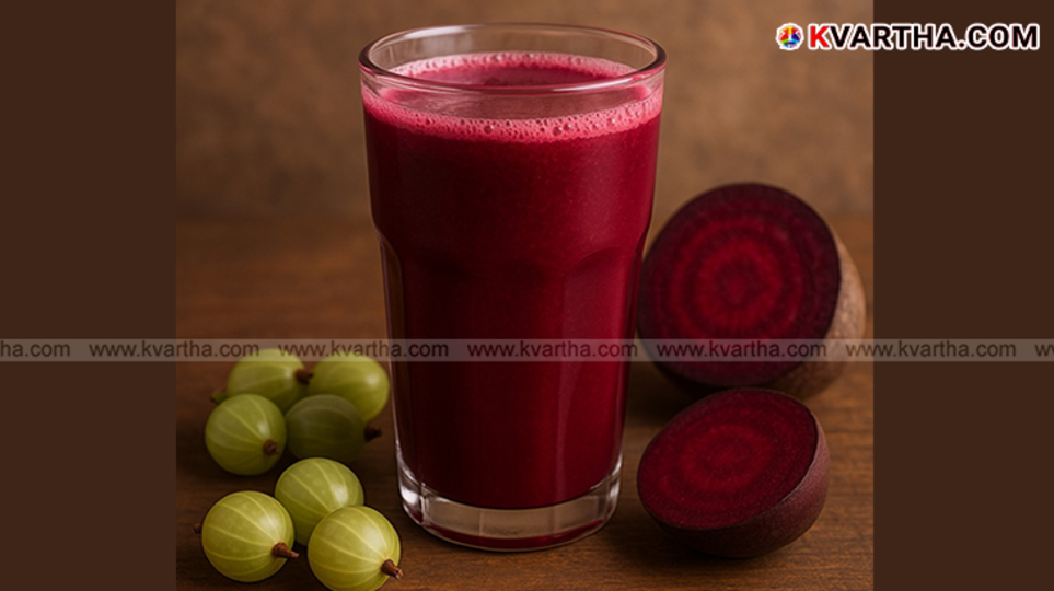 A glass of amla beetroot juice.