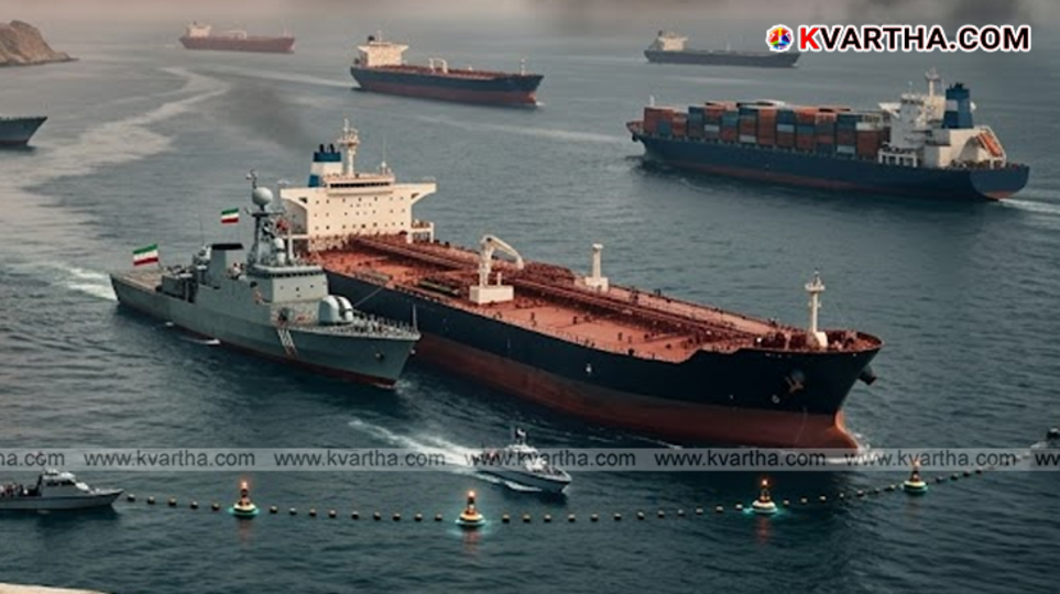 A conceptual view of the Strait of Hormuz with naval security presence during the 2026 maritime transit dispute.