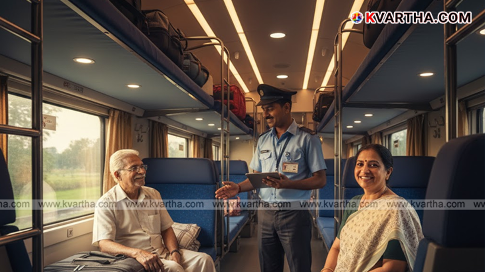Senior citizen sitting comfortably on a train lower berth.