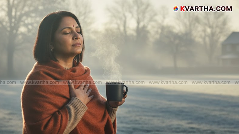 A person wearing warm clothes with a graphic representing heart health.