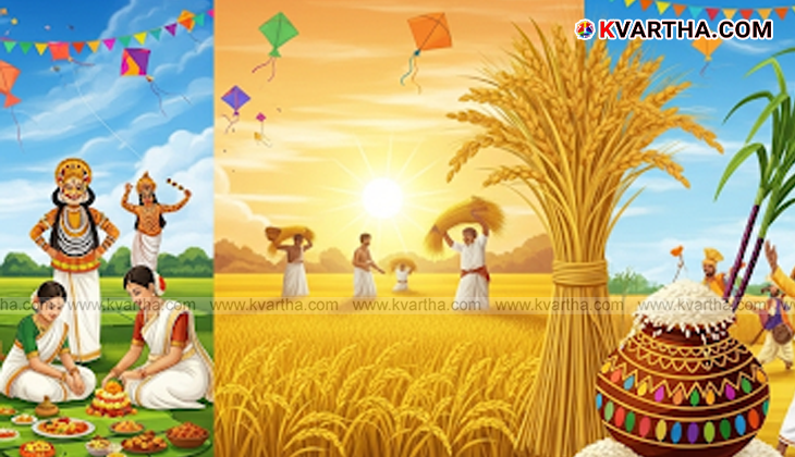 A collage of photos showing scenes from Onam, Pongal, Bihu, and Baisakhi festivals.
