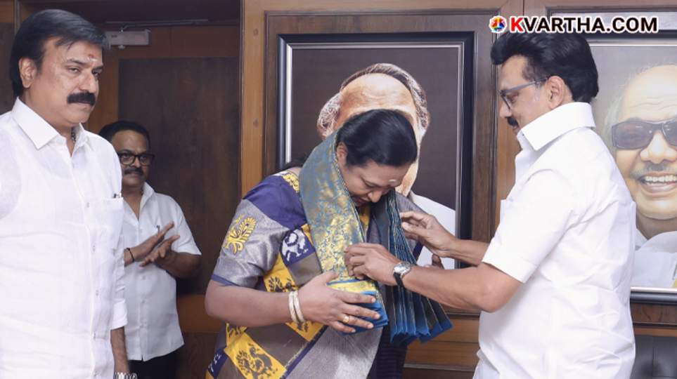 Chief Minister M.K. Stalin welcoming DMDK leader Premalatha Vijayakanth.