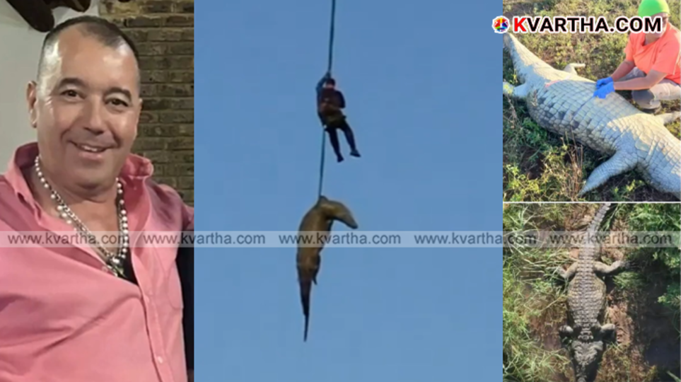 A police officer hangs from a rope from a helicopter and tries to catch a crocodile in the river.