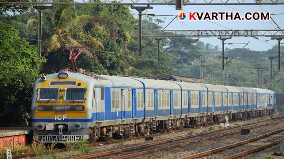 A MEMU train with extended coaches running through a scenic route in the Malabar region of Kerala.