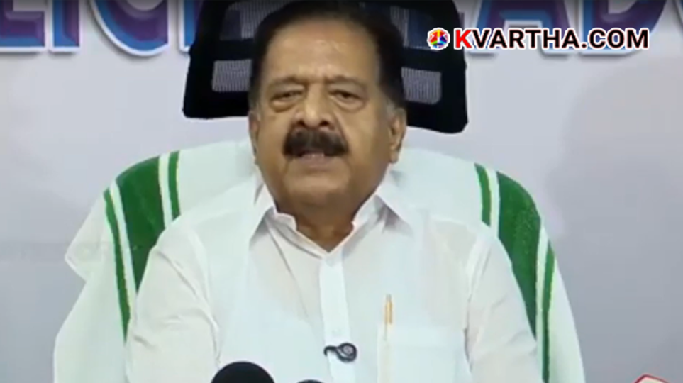 Home Minister Ramesh Chennithala addressing media representatives during an official press conference regarding department policies.