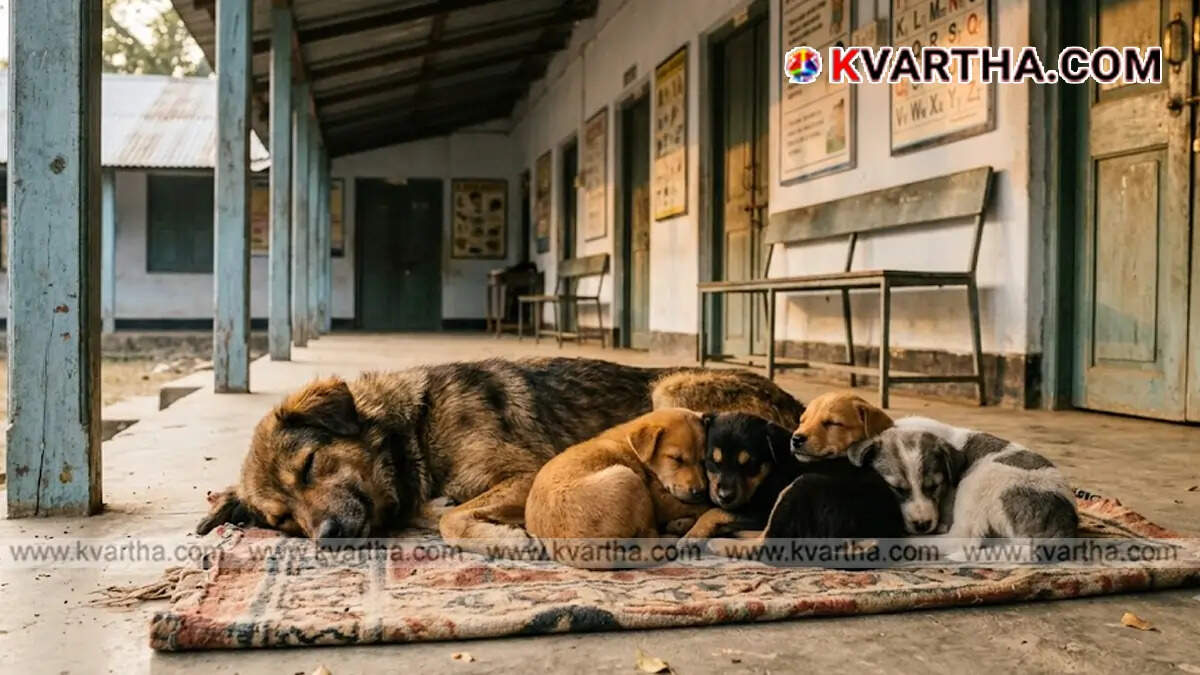 Stray dogs wandering near a school building