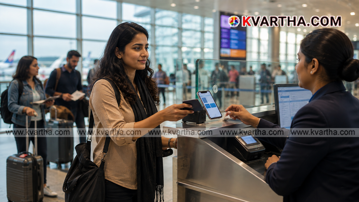 Representational image of a passenger holding an e-boarding pass on a smartphone at an airport