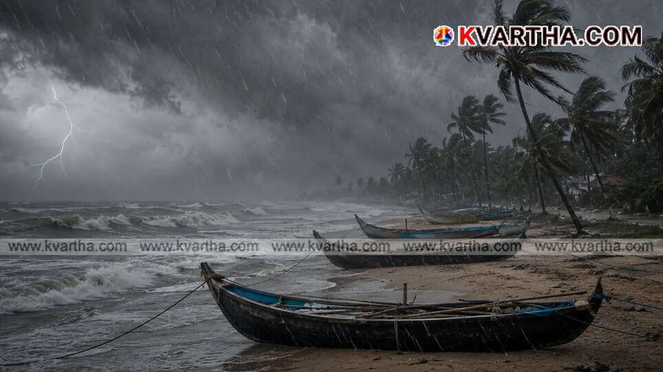 Fishing boats safely anchored at a Kerala harbor due to rough sea weather warnings