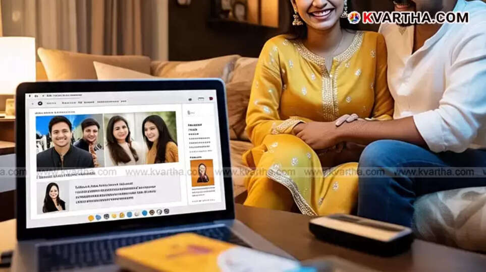 Woman looking cautiously at a laptop with a matrimonial website open, symbolizing online dating safety concerns. 