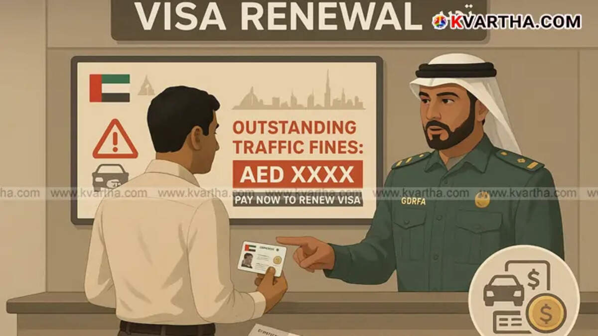 UAE visa renewal counter with a man facing an officer pointing to unpaid traffic fines on screen.