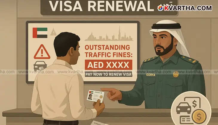 UAE visa renewal counter with a man facing an officer pointing to unpaid traffic fines on screen.