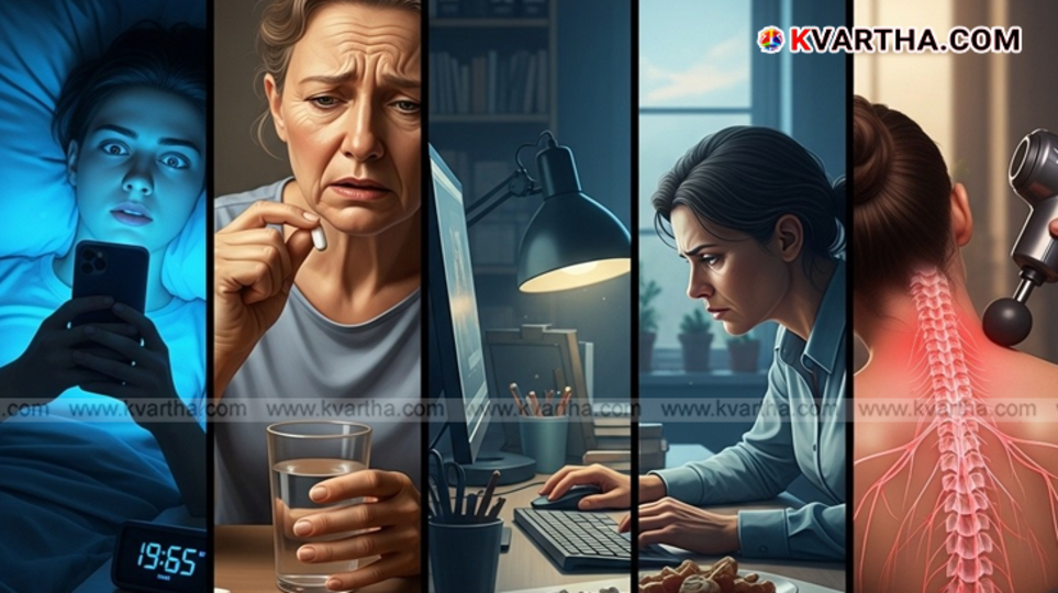  Person holding head with blurred screen background