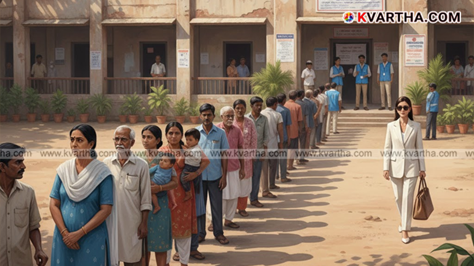 Crowd of people waiting in line at a polling station.