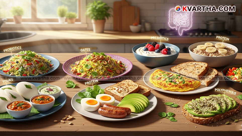 A variety of healthy breakfast foods, including idli, sambar, oats, and fruits, arranged neatly on a table.