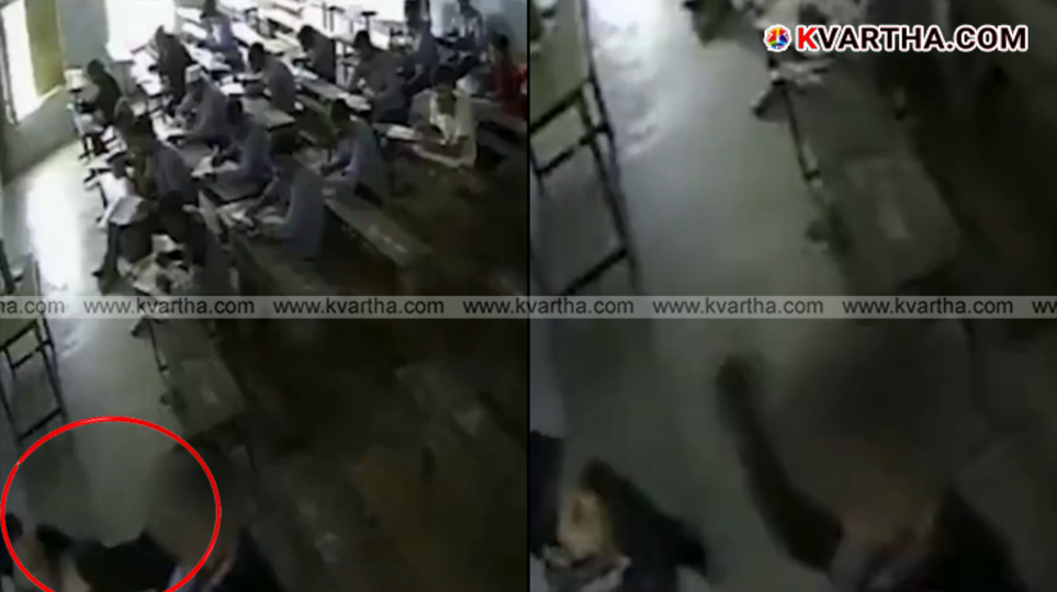 CCTV frame showing a student confronting a teacher in a classroom in Gujarat.