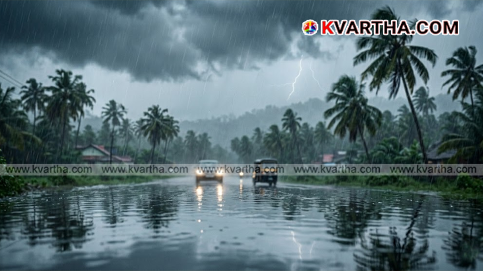 Dark rain clouds hovering over a residential area in Kerala, signifying a Yellow Alert.