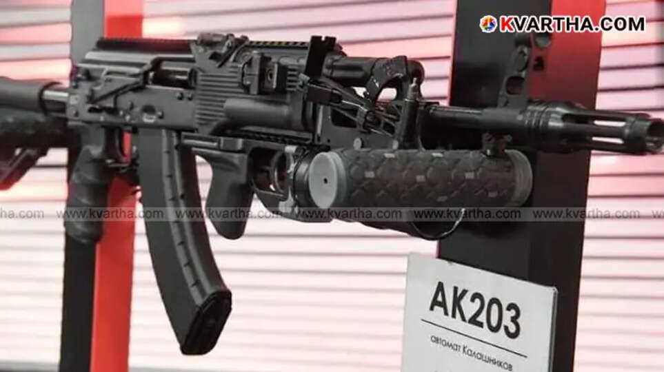 Close-up of an AK-203 assault rifle, manufactured in Amethi, for the Indian Army.