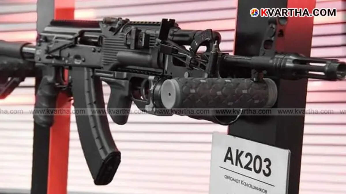 Close-up of an AK-203 assault rifle, manufactured in Amethi, for the Indian Army.