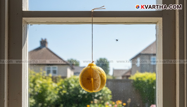 A cut lemon placed on a balcony to repel mosquitoes.