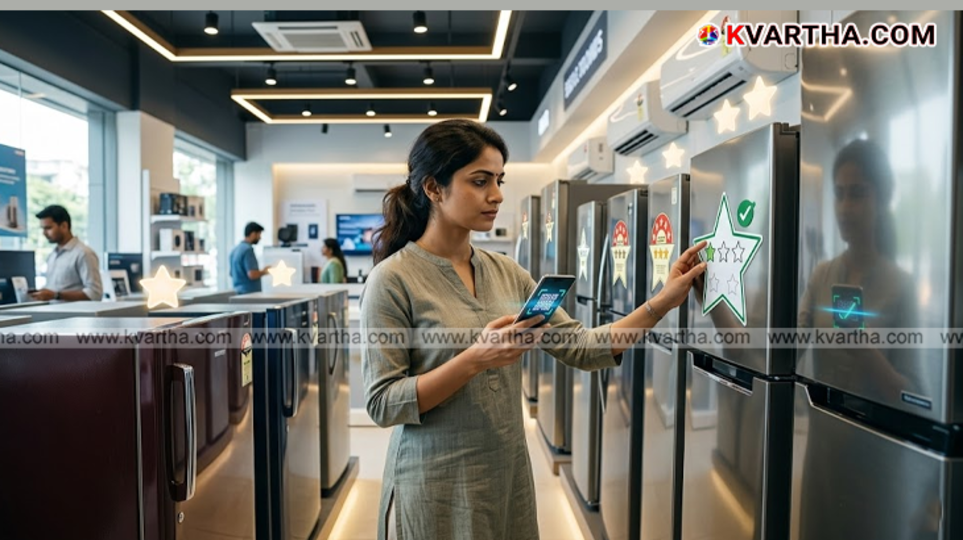  A close-up of a BEE energy efficiency star label on a home appliance.