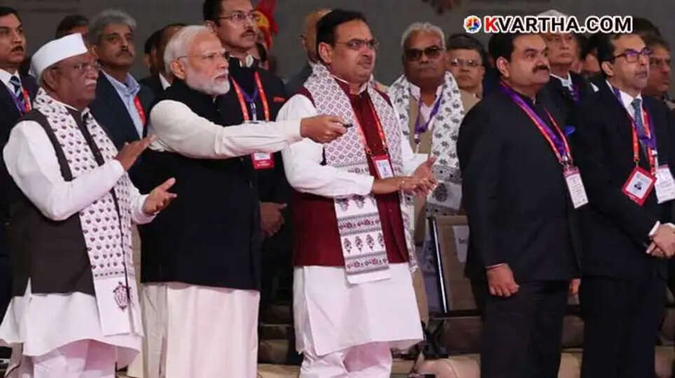 Modi and Adani sharing the stage during Rising Rajasthan summit amidst opposition protests