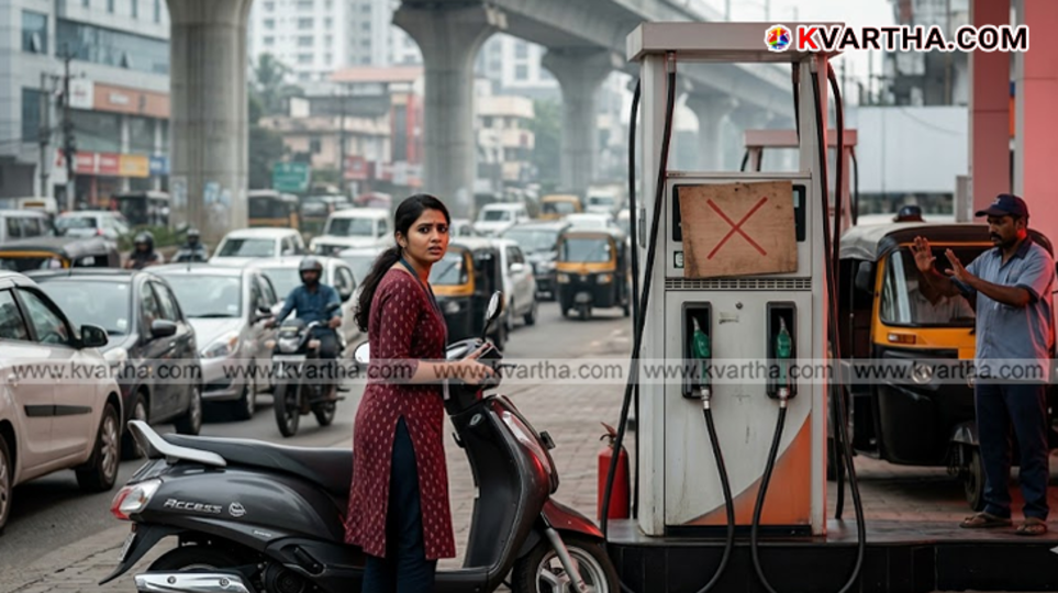 An 'Out of Stock' sign installed at a petrol pump in Kochi.