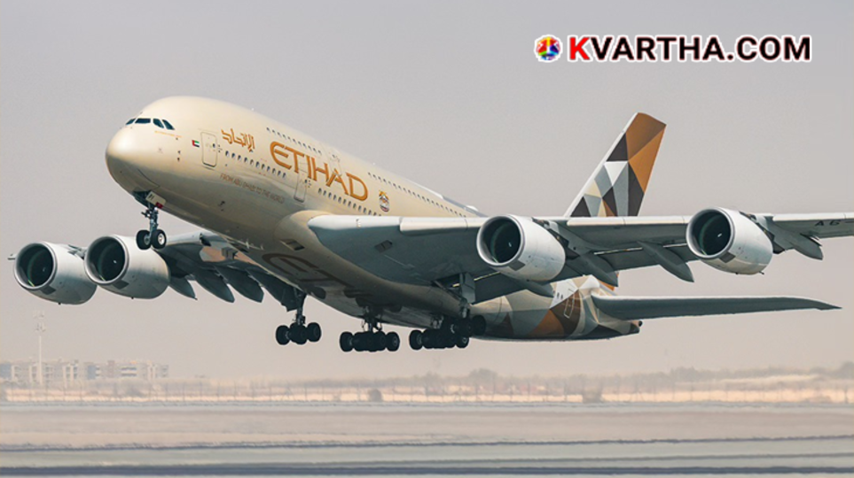 An Etihad Airways aircraft on the tarmac, with a text overlay indicating a fact check on fire reports.