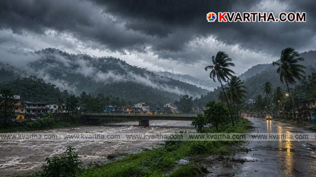 Heavy rain pouring down heavily on a street in Kerala representing monsoon