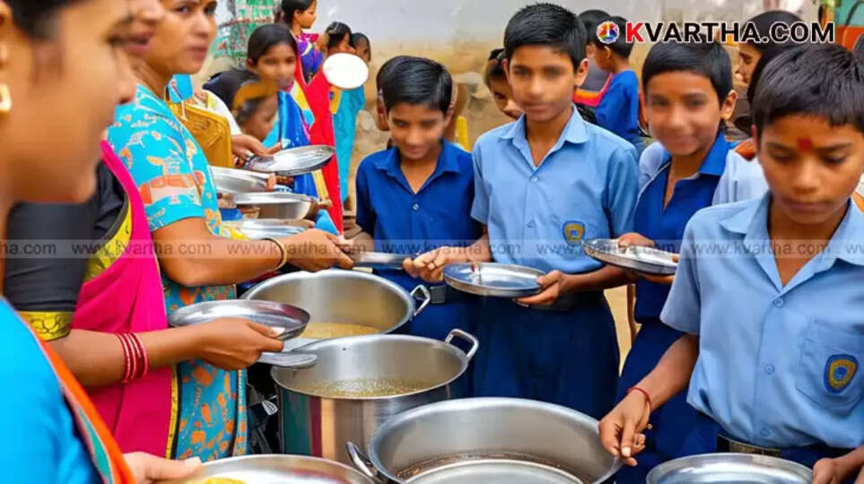 Teachers preparing midday meals for students in a school kitchen, symbolizing the burden faced by them.
