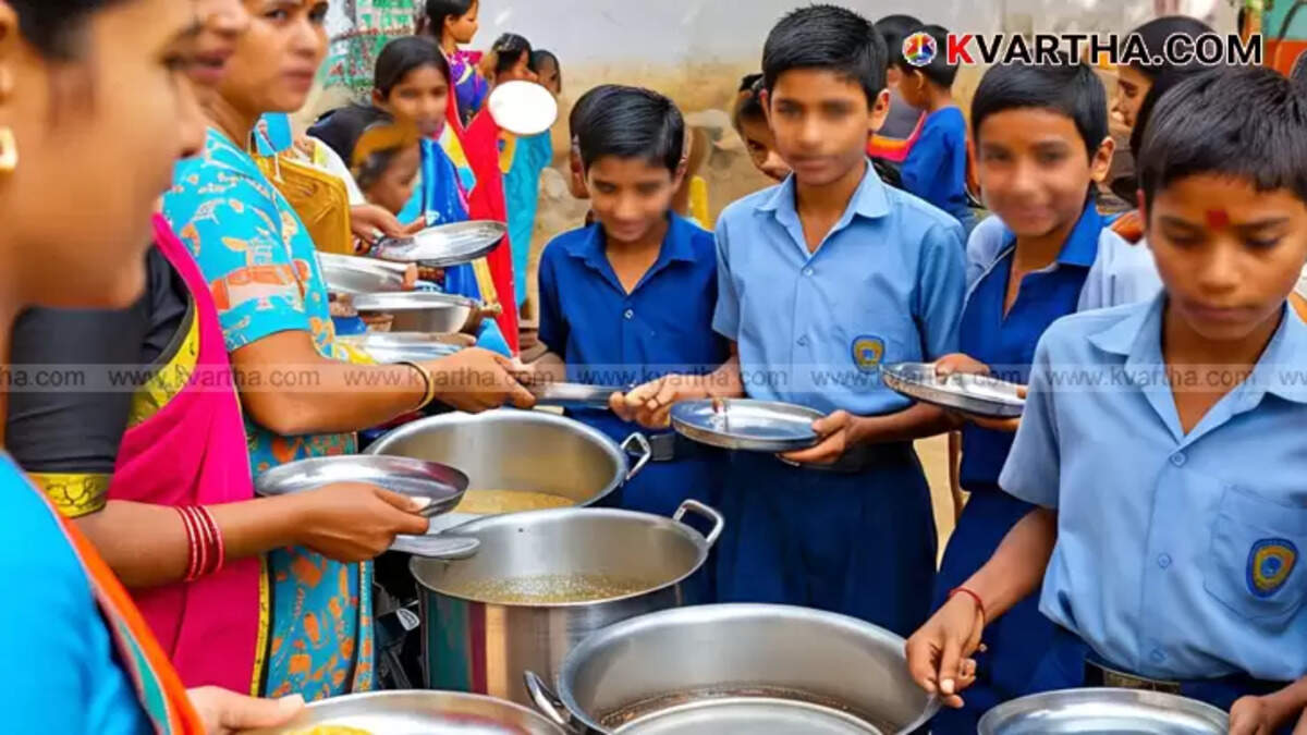 Teachers preparing midday meals for students in a school kitchen, symbolizing the burden faced by them.