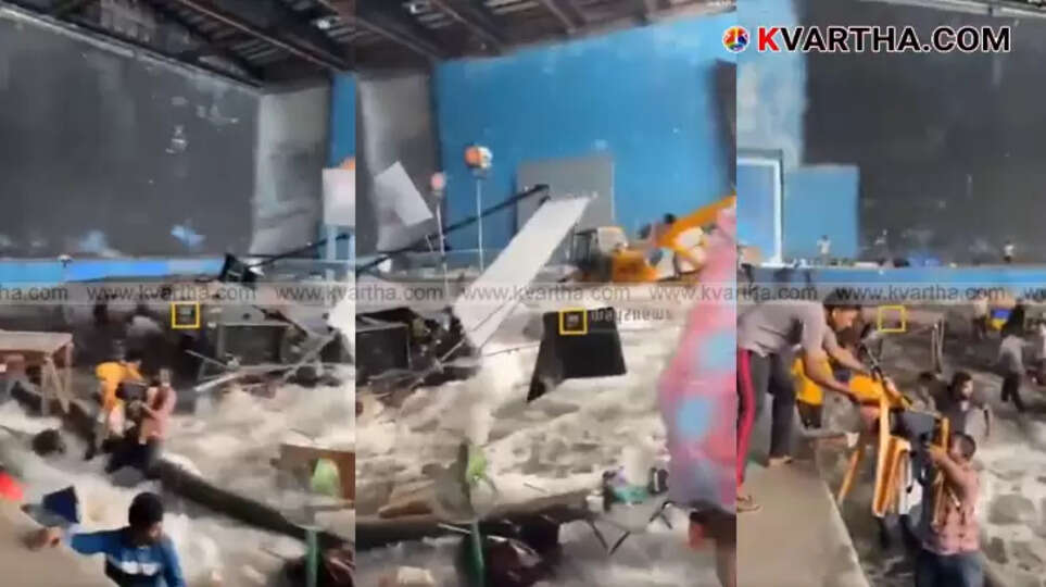 A damaged film set with debris and water after an accident.