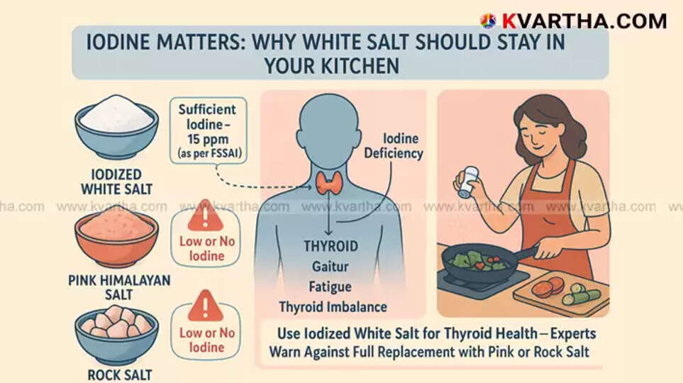 Pink salt and iodized salt on a wooden table
