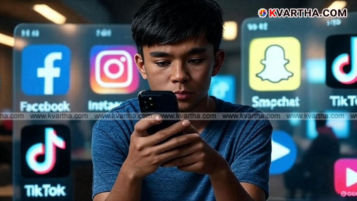 Child using a smartphone with a social media age restriction warning sign.