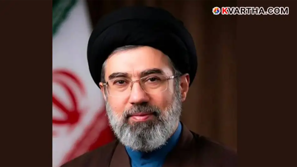 Portrait of Mujtaba Khamenei, the new Supreme Leader of Iran, delivering a speech