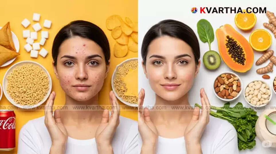 Variety of healthy foods and some unhealthy options, symbolizing dietary choices for skin.