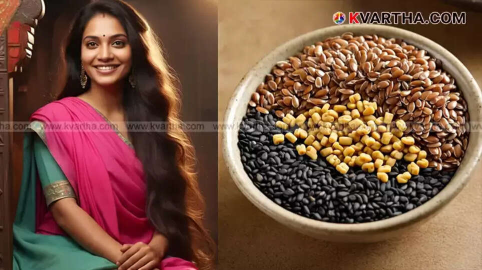 A collage image featuring fenugreek seeds, flaxseeds, and black sesame seeds, symbolizing natural hair growth.