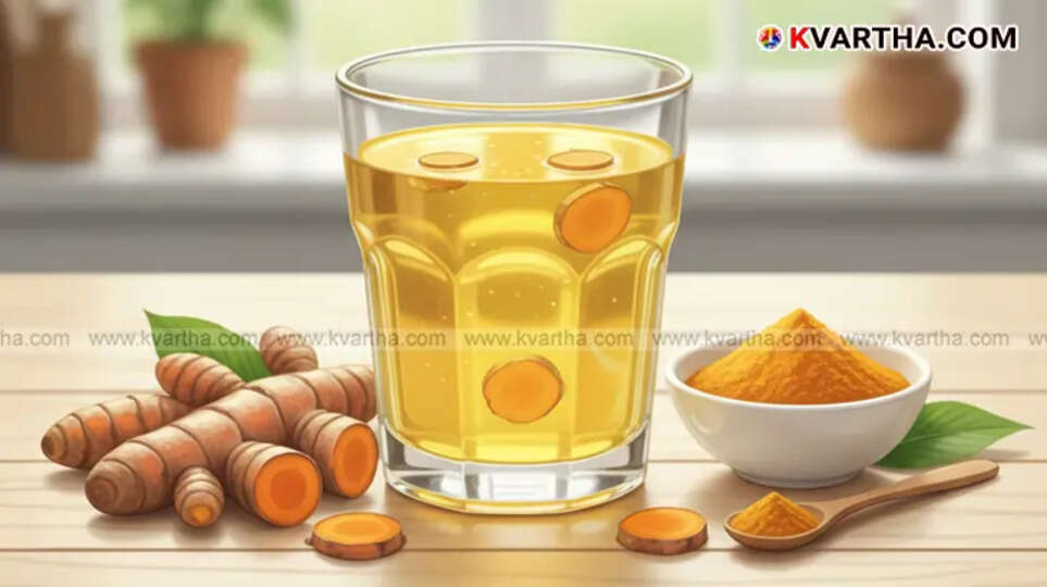 A glass of golden turmeric water with fresh turmeric root.