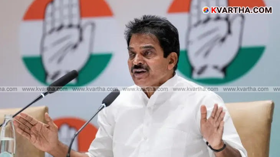 K.C. Venugopal MP speaking aggressively during a press conference.