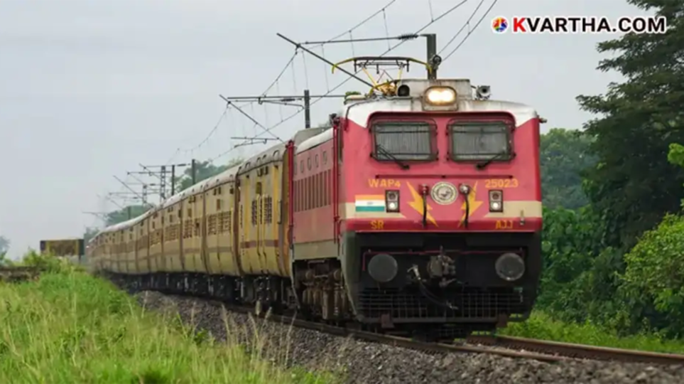 An Indian Railways MEMU train departing from a station in Kerala.