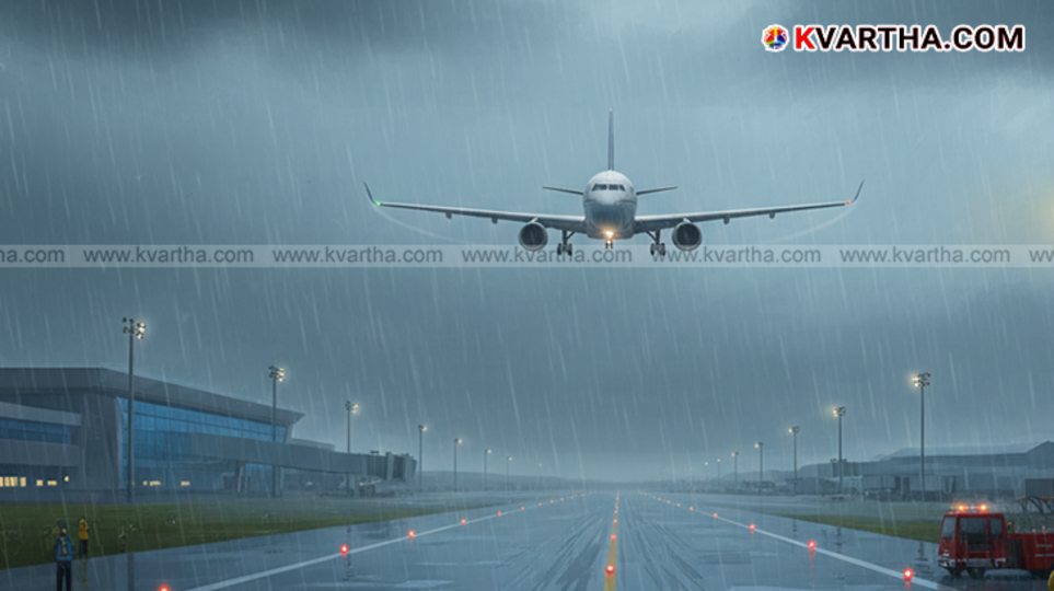 An airplane circling above an airport during heavy rain in Thiruvananthapuram.