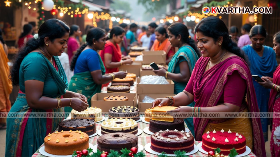 Kudumbashree women entrepreneurs arranging Christmas cakes at a stall