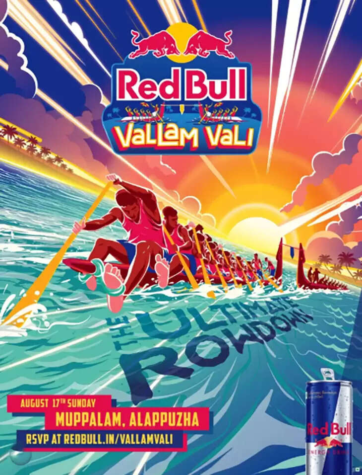 A photo showing a traditional Kerala snake boat (chundan vallam) with rowers in action, representing the Red Bull Vallam Valley event.