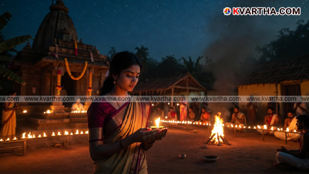 Devotees lighting oil lamps at a traditional village temple in India during Shivarathri.