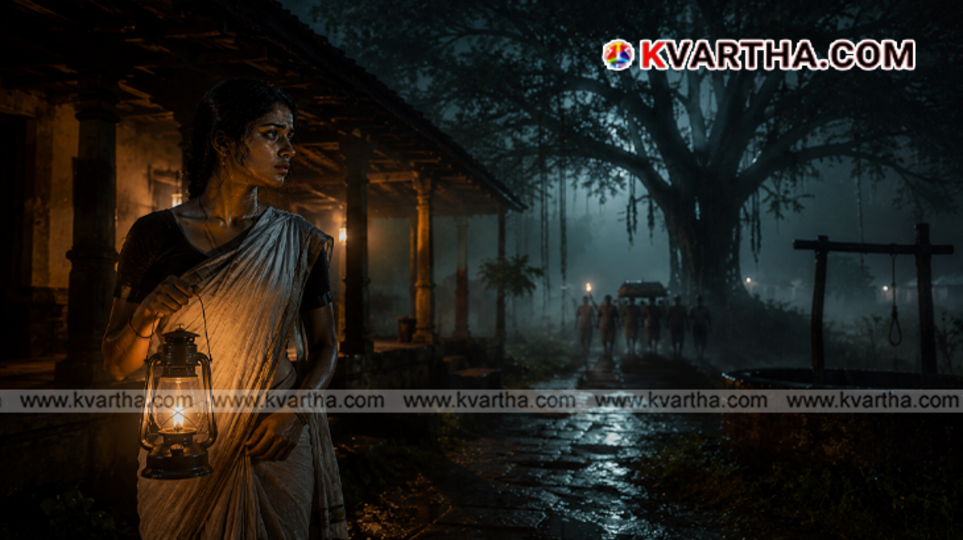 A dark, nostalgic village path at night in Kerala.