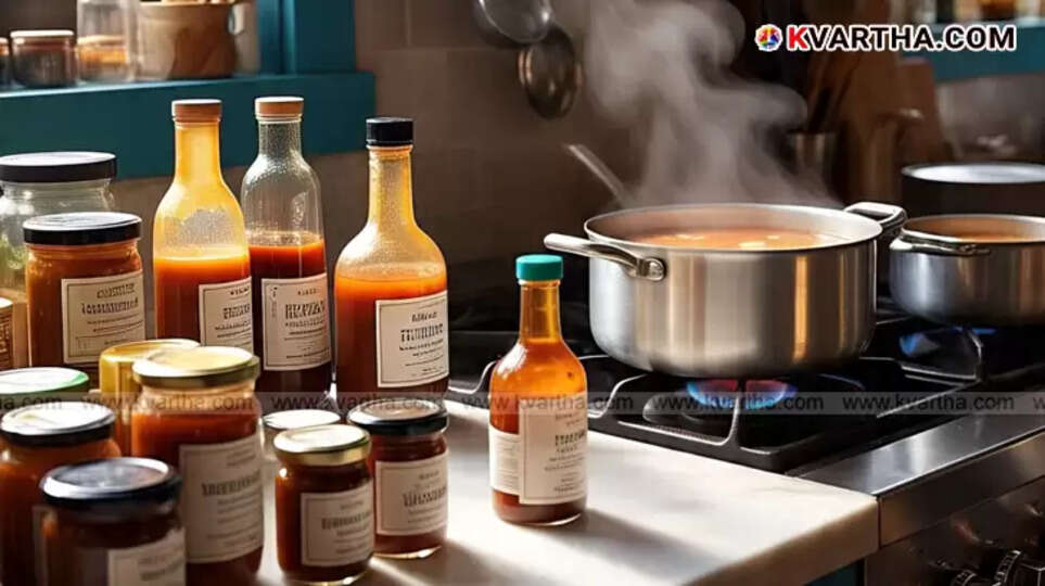 White cornflour powder in a spoon, often used to thicken soups and sauces.