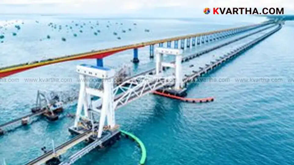 Panoramic view of the new Pamban Railway Bridge, with train crossing over the sea.