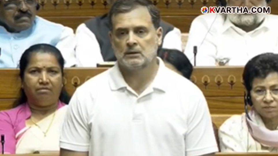 A symbolic image of Rahul Gandhi speaking in the Lok Sabha against the Women's Reservation Bill and BJP's moves.