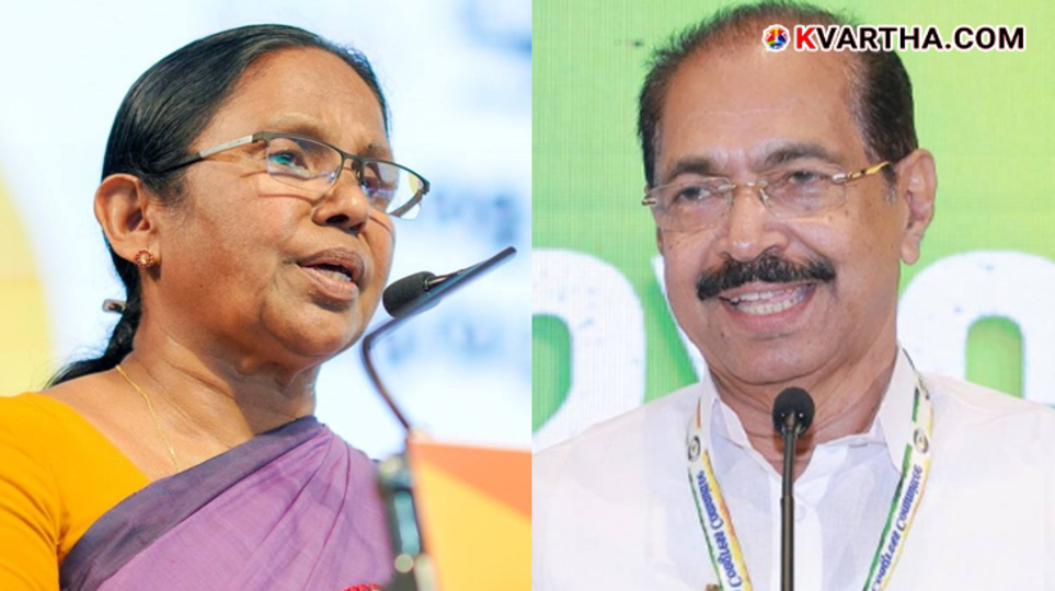 Split portrait of Sunny Joseph and KK Shailaja, the key candidates for Peravoor 2026
