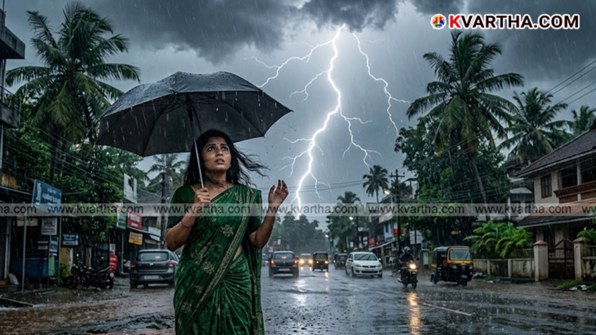 Lightning strike in the night sky over Kerala during a summer rain.